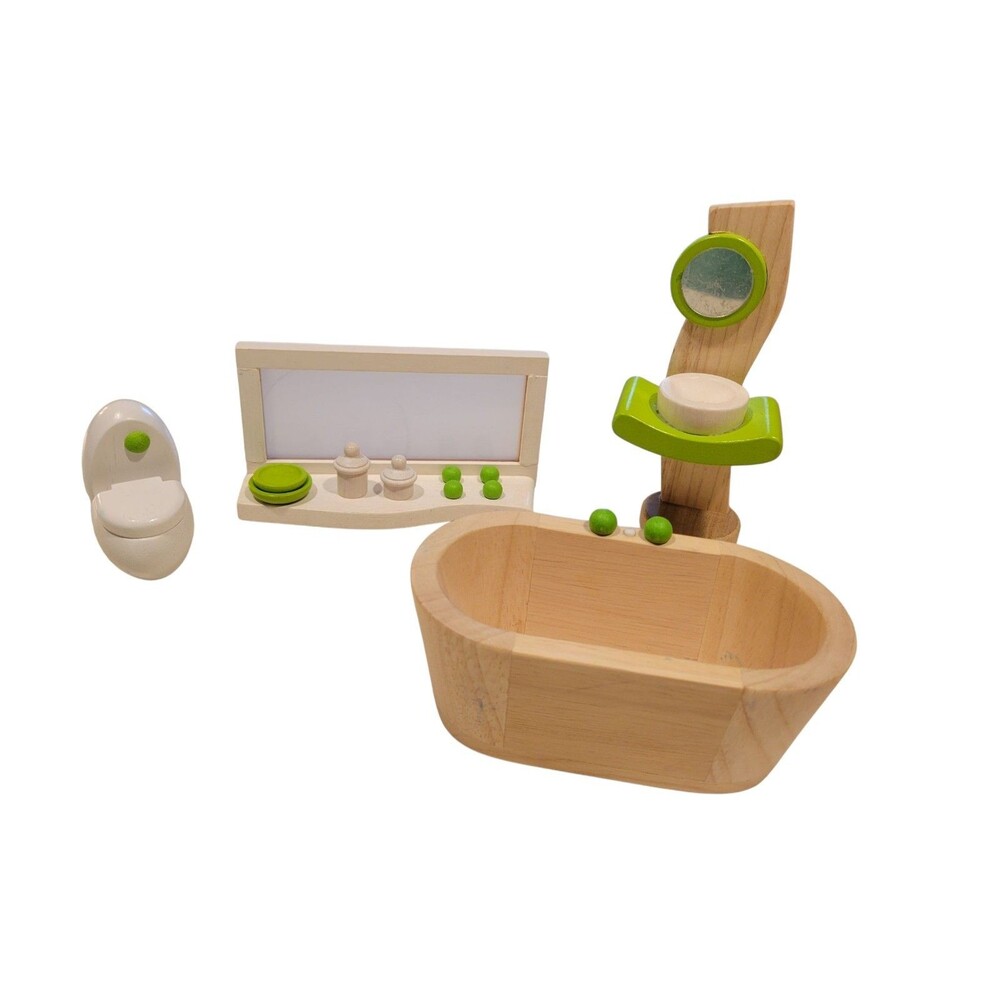 Plan Toys - Wooden Dollhouse Furniture Lot - Bathroom Sink Toilet Bathtub + More